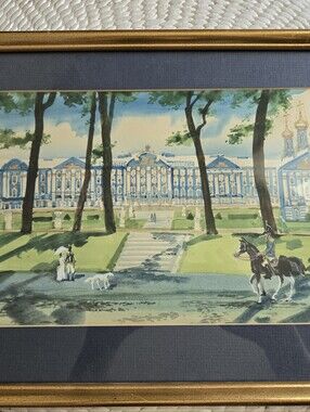 Vintage Watercolor Painting Catherine Palace Russia Wall Gallery Art Navy Matt